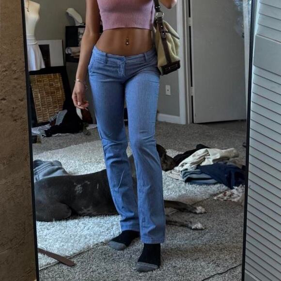 Blue Striped Low Rise Straight Leg Denim Jeans - Picture 1 of 7